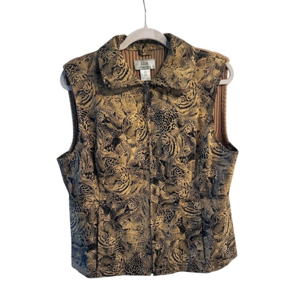 Lisa International Suede Tiger Animal Print Vest Sz L Faux Suede Knit Back